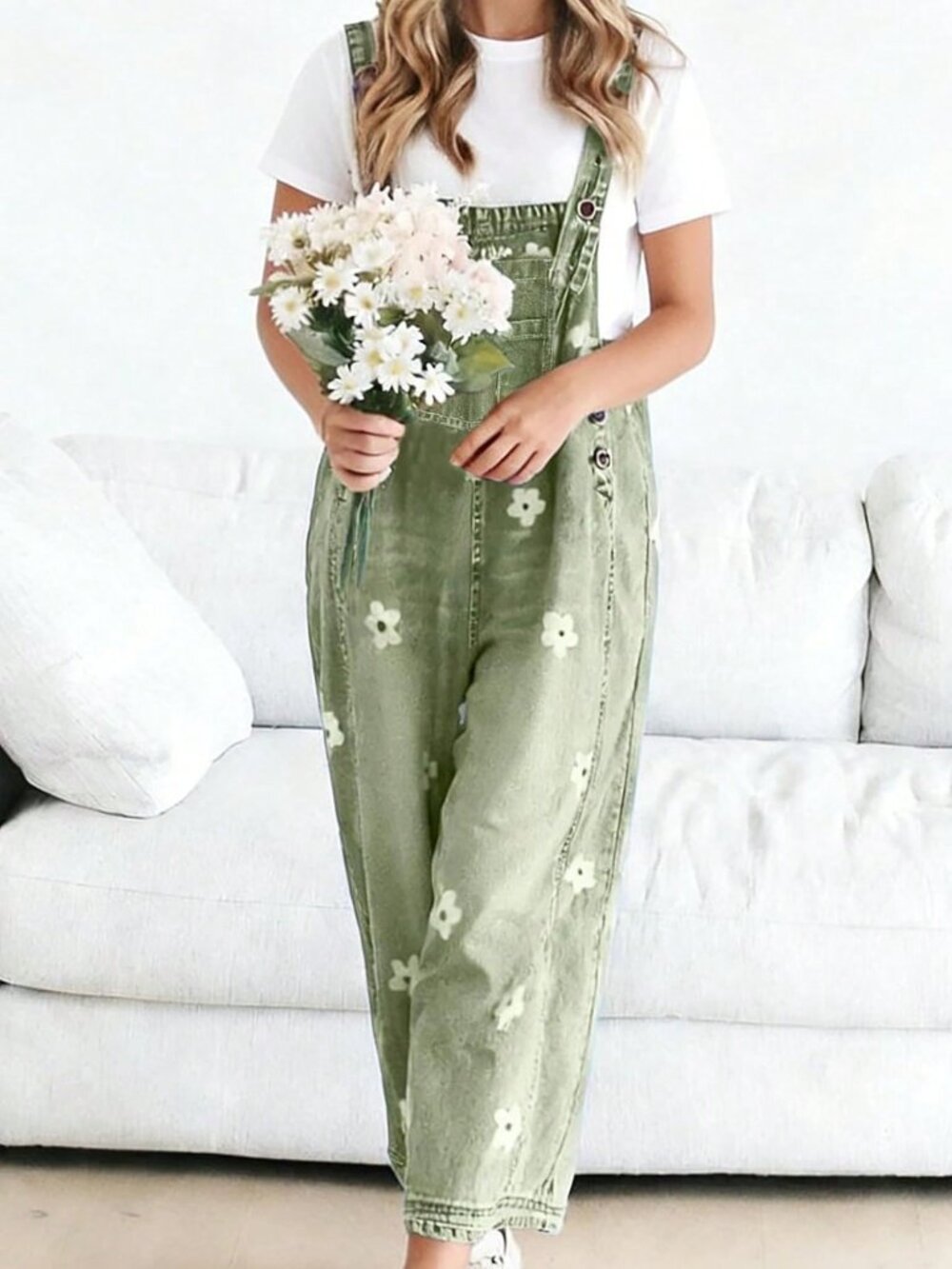 Mint Green Casual Women's Plants Button Loose Fit High Waist Long Denim Overall - Picture 2 of 5